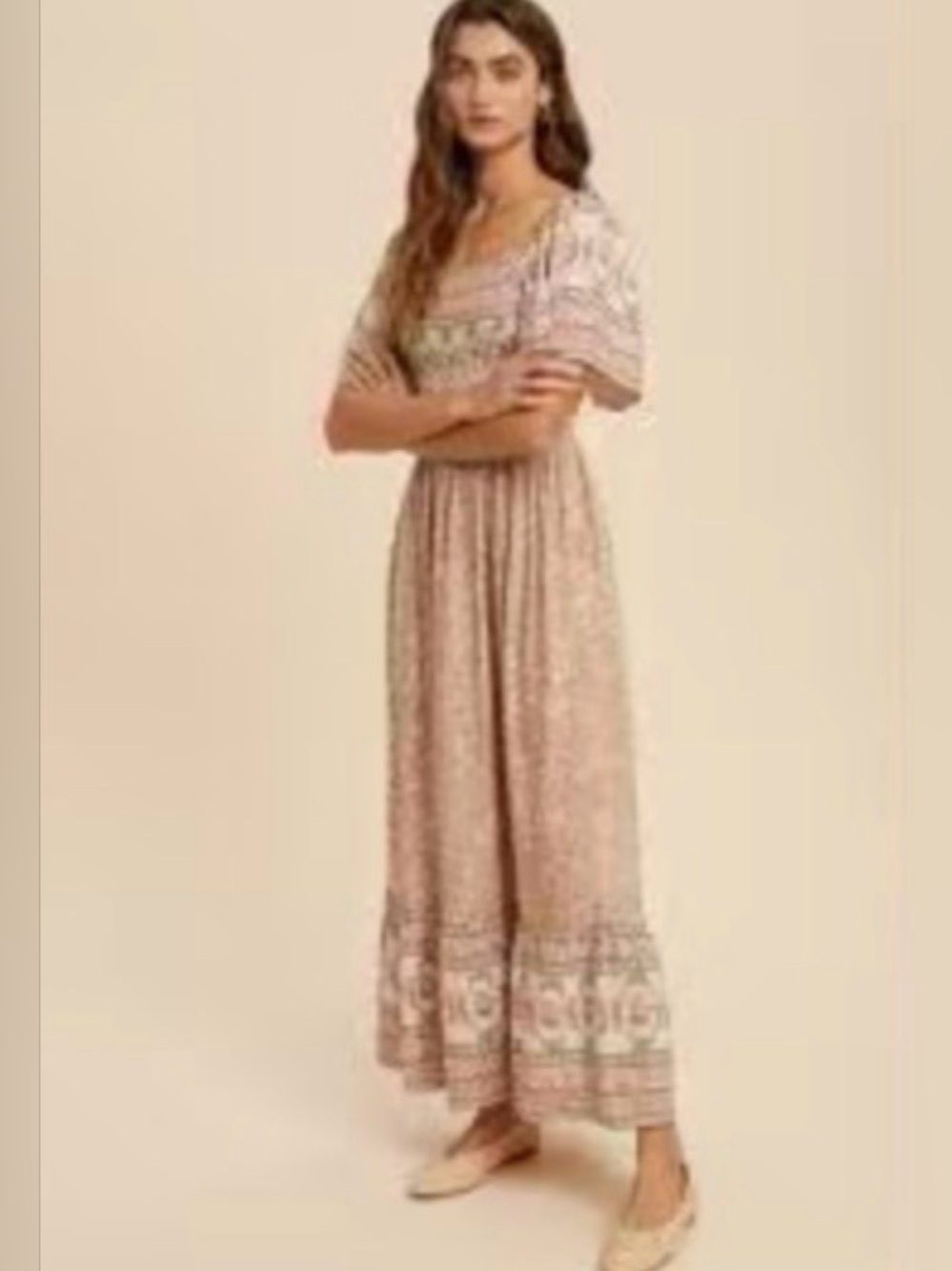 In Bloom Beige Floral Off-Shoulder Maxi Dress